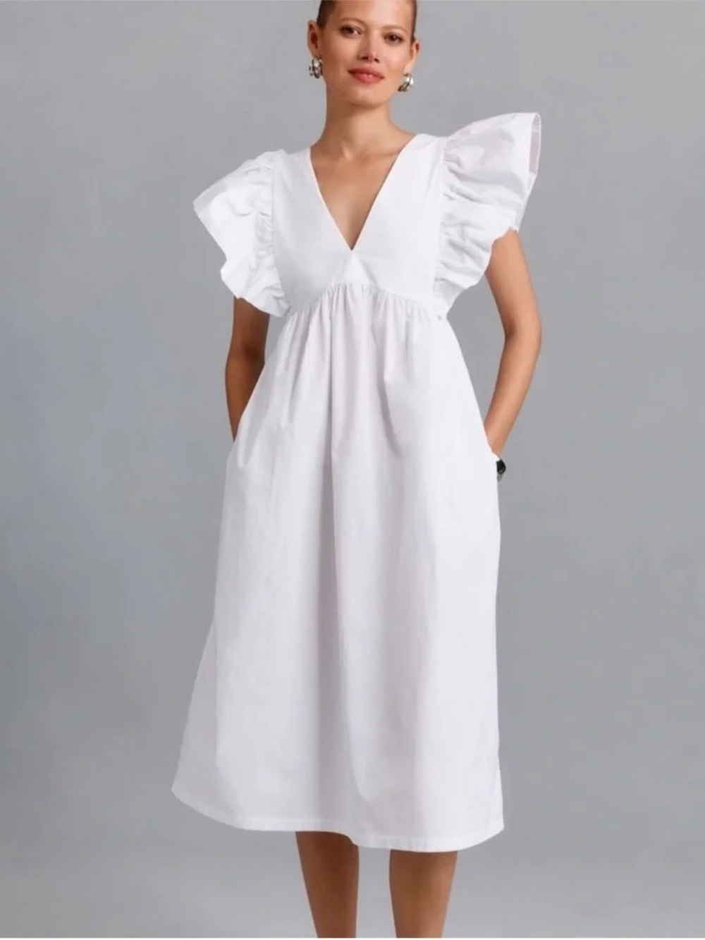 Anthropologie Maeve White Ruffle-Sleeve V-Neck Midi Dress